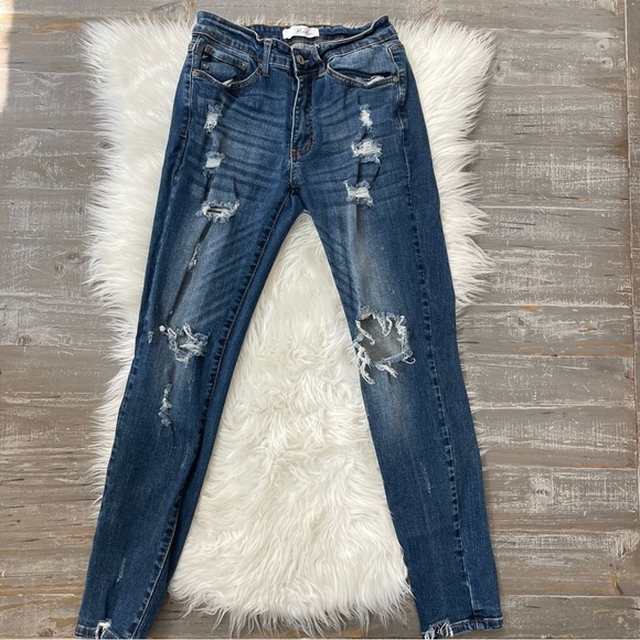 KanCan Cora Mid Rise Super Skinny Jeans Dark Wash Distressed Women’s Size 9/28 - Picture 6 of 13